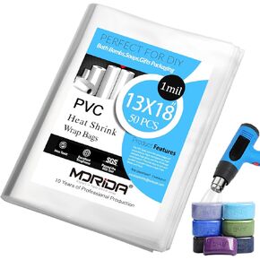 MORIDA 50 pcs 13X18 inch Heat Shrink Wrap Bags Clear PVC Heat Shrink bags for Bath Bomb Bags, Soap,Large Plastic Packaging Bags 100 Gauge