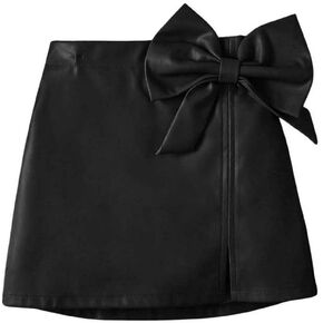 BEAUDRM Girl's Solid High Waist Split Hem PU Leather Skirt Cute Bow Front Regular Skirt