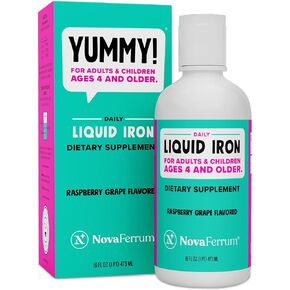 NovaFerrum Yummy 16 Fl Oz | Liquid Iron Supplement for Kids Ages 4 and Over | 18mg of Iron/Tbsp | Gluten Free | Sugar-Free | Raspberry Grape