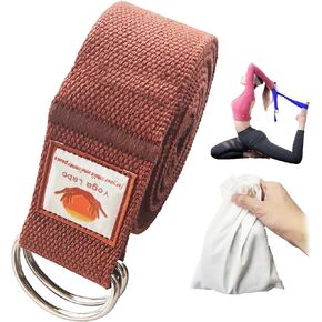 8ft Thick Brown Yoga Strap for Stretching Belts with Dual Metal Loops Storage Bag Set for Foot and Leg, Cotton Resistance Wide Workout Band Exercise Ring for Man Woman, Fitness Adjustable D-Ring