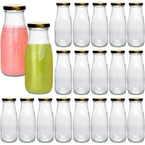 12 oz Glass Bottles, Clear Glass Milk Bottles with Gold Metal Airtight Lids, Vintage Breakfast Shake Clear Container, Vintage Drinking Bottles with Whiteboard Labels and Pen for Party,Kids,Set of 20