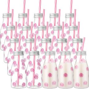 Yungyan 20 Pcs Plastic Cookies Milk Bottles with Straws and Lids Small Clear Milk Jar with Lids Mini Juice Bottles and 300 Sticker Labels for Theme Birthday Party Baby Shower