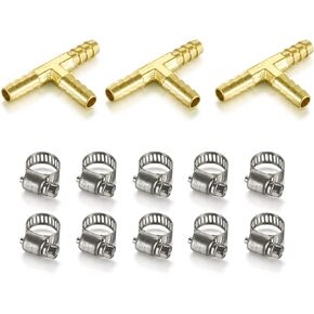 1/4" x 1/4" x1/4" Brass Barb Tee Fittings T-Shaped 3 Ways Union 1/4" ID Fitting with 10 PCS Pipe Clamps Intersection/Split for Water/Fuel/Air（3 Sets)