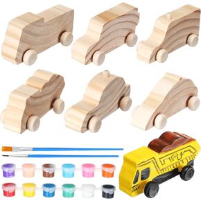 Lenwen 6 Pcs Large Unfinished Wooden Car to Paint 4'' Wood DIY Car Toys and 12 Color Acrylic Paint Set for Student Easy Woodworking Set Family Activities Arts and Crafts Kit
