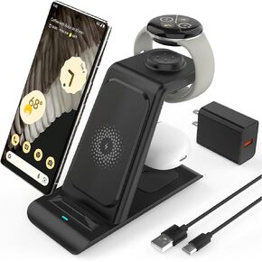 HATALKIN Upgraded Pixel Watch 2 Charger,3 in 1 Pixel Charging Station for Google Pixel 8/7/6 (pro)/7a/5/4,Pixel Buds Pro,Wireless Charger Stand for Multiple Devices with Adapter(Not for Pixel watch 1)