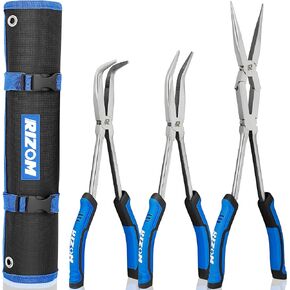 Rizom 3-Piece Long Reach Pliers Set, 13 Inch Double Jointed Long Needle Nose Pliers, 11 Inch 45° & 90° Bent Nose Pliers for Narrow Spaces and Limited Areas