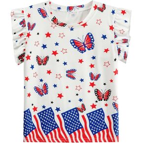 Tkria July 4th Ruffle Sleeve Tops for Baby Girl Round Neck Girls T-Shirt American Flag Patriotic Outfit 2-7 Years