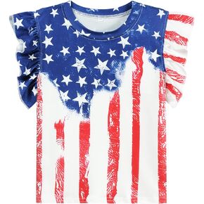 تي شيرت Tkria July 4th بأكمام مكشكشة للفتيات الصغيرات برقبة دائرية تي شيرت العلم الأمريكي الزي الوطني من 2 إلى 7 سنوات