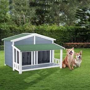 RITSU 47.2" Dog House, Waterproof Dog Kennel, Wooden Outdoor and Indoor Dog House, Log Cabin Style with Porch,Elevated Floor, 2 Doors, Pine Wood + Natural