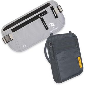 Travel Money Belt and Neck Wallet Bundle - RFID Blocking Technology to Keep your Cash, Credit Cards, Passports and Phone Safe
