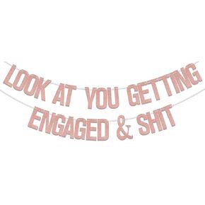 Look At You Getting Engaged Banner, Just Engaged, Engagement Party Decorations, Engagement/Wedding/Brial Shower Party Decoration Supplies Rose Gold Glitter
