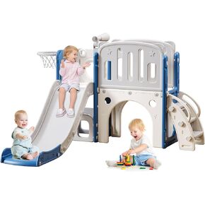 8 in 1 Toddler Slide for Toddlers Age 1-3, Extra-Long Slide with Basketball Hoop Indoor and Outdoor Baby Climber Playset Playground Freestanding Slide (Medium, White+Blue)
