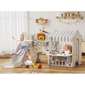 BIERUM 10 in 1 Toddler Slide with Basketball Hoop, Outdoor Slide for Toddlers Age 1-3 with Kid Playhouse, Indoor Toddler Playset Toddler Playground with Afternoon Tea Toy Set in Kuwait