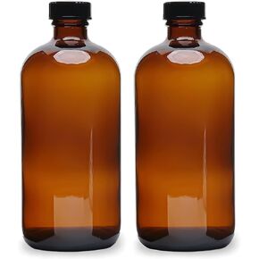 (2 Pack) - 16 oz Amber Glass Boston Round Bottles with Black 28-400 Airtight Phenolic Polycone Caps - Perfect Glass Containers for Secondary Fermentation, Storing condiment, Homemade Essential Oils