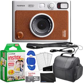 Fujifilm Instax Mini EVO Hybrid Instant Film Camera (Brown) (16812534) Bundle It Better Kit with 20 Instant Film Sheets + 32GB Memory + Memory Card Reader, Case + Microfiber Cloth + Screen Protector