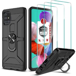 Samsung Galaxy A51 Case, Galaxy A51 5G Case with 3X Tempered Glass Screen Protector, Built-in Ring Kickstand and Magnetic Car Mount Shockproof Dropproof Military Grade Armor Rugged Case, Black