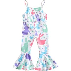 MODNTOGA Baby Girl Easter Outfits Bell Bottoms Romper Toddler Bunny Floral Print Jumpsuit One Piece Flare Pants Overalls