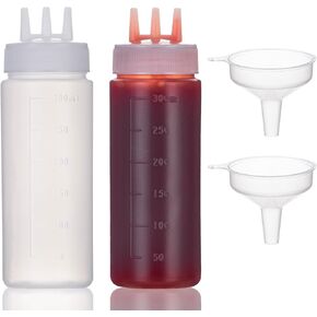3 Hole Squeeze Bottle, Ketchup Bottles Squeeze Plastic Condiment Squeeze Bottles 3-hole 2 pcs, 300ml/10oz for Sauce Ketchup Mustard Syrup BBQ, Squirt Bottles for Kitchen Arts and Crafts