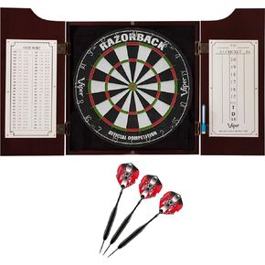 Viper Hudson All-in-One Dart Center: Classic Solid Wood Cabinet & Official Sisal/Bristle Dartboard Bundle with Steel-Tip Dart Set, Dry Erase Scoreboard & Out-Chart, Mahogany Finish