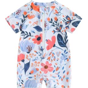 Infant Toddler Baby Girl Rash Guard Swimsuit Floral Short Sleeve One Piece Zipper Bathing Suit Beach Swimwear Sunsuit