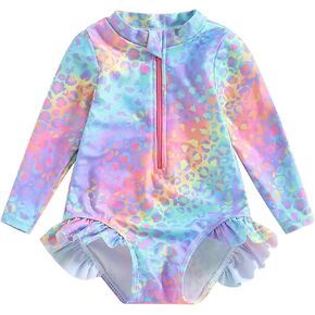 ZAXARRA Little Baby Girls Swimsuit One Piece Rash Guard Long Sleeve Zipper Ruffle Bathing Suit Toddler Summer Clothes