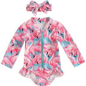 Tollder Girl Rash Guard Swimwear One Piece Long Sleeve Floral Ruffle Zipper Bikini Swimsuit Bathing Suit Beachwear