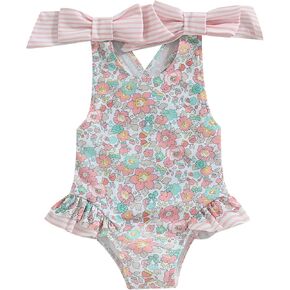 Toddler Girl Swimsuit Ruffled Floral Sleeveless Swimwear One-Piece Kids Cross Backless Baby Girl Bathing Suits in Kuwait