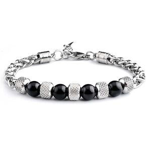 LIU JUN 7 Chakra Bracelet For Men, 8MM Natural Stone Pineapple Beads Stainless Steel Adjustable Silver Cuban Link Chain Handmade Power Healing Gift Jewelry