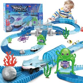 Flexible Racetrack Shark Car for Kid - 199 Pcs Race Track Car with Shark & Ball for Toddler Boy Girl Ages 3 4 5 6 7 8 9 Years Old, Ocean Theme Train Toy, STEM Educational Gift for Christmas Birthday