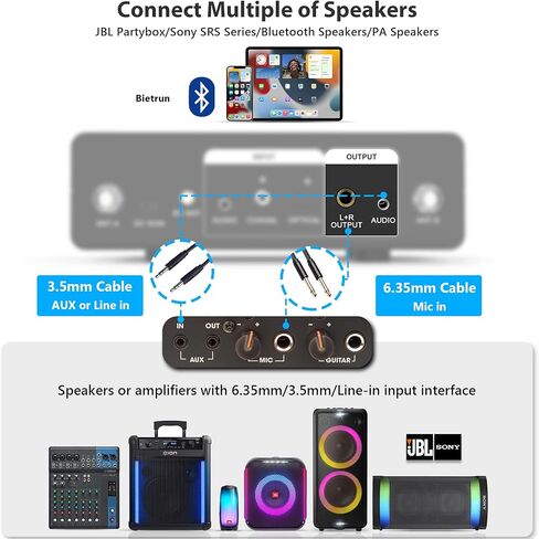 ميكروفون لاسلكي مزود بتقنية Bluetooth وEcho/Treble/Bass، نطاق 165 قدمًا، نظام ميكروفون ديناميكي لاسلكي مزدوج محمول باليد من Bietrun UHF لنظام PA/AMP/تلفزيون منزلي كاريوكي/مكبر صوت بلوتوث/(واجهة 1/4 بوصة و1/8 بوصة AUX) in Kuwait