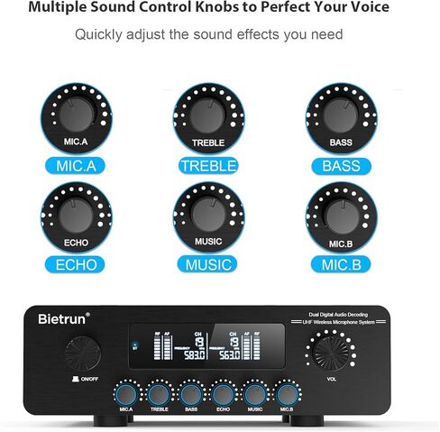 ميكروفون لاسلكي مزود بتقنية Bluetooth وEcho/Treble/Bass، نطاق 165 قدمًا، نظام ميكروفون ديناميكي لاسلكي مزدوج محمول باليد من Bietrun UHF لنظام PA/AMP/تلفزيون منزلي كاريوكي/مكبر صوت بلوتوث/(واجهة 1/4 بوصة و1/8 بوصة AUX) in Kuwait