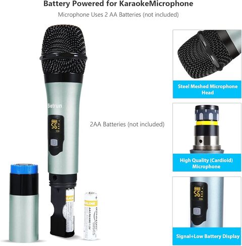 ميكروفون لاسلكي مزود بتقنية Bluetooth وEcho/Treble/Bass، نطاق 165 قدمًا، نظام ميكروفون ديناميكي لاسلكي مزدوج محمول باليد من Bietrun UHF لنظام PA/AMP/تلفزيون منزلي كاريوكي/مكبر صوت بلوتوث/(واجهة 1/4 بوصة و1/8 بوصة AUX) in Kuwait