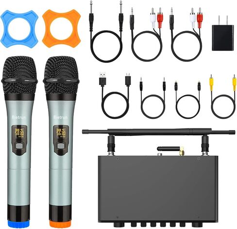 ميكروفون لاسلكي مزود بتقنية Bluetooth وEcho/Treble/Bass، نطاق 165 قدمًا، نظام ميكروفون ديناميكي لاسلكي مزدوج محمول باليد من Bietrun UHF لنظام PA/AMP/تلفزيون منزلي كاريوكي/مكبر صوت بلوتوث/(واجهة 1/4 بوصة و1/8 بوصة AUX) in Kuwait