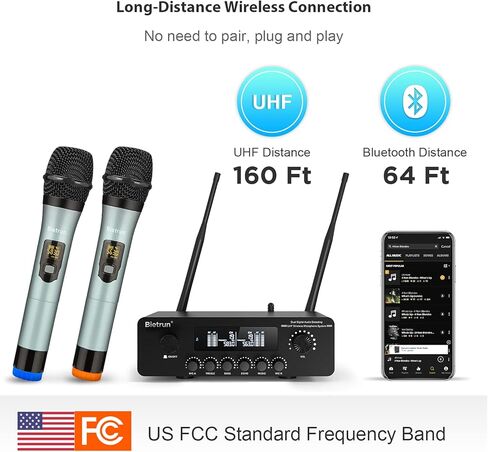 ميكروفون لاسلكي مزود بتقنية Bluetooth وEcho/Treble/Bass، نطاق 165 قدمًا، نظام ميكروفون ديناميكي لاسلكي مزدوج محمول باليد من Bietrun UHF لنظام PA/AMP/تلفزيون منزلي كاريوكي/مكبر صوت بلوتوث/(واجهة 1/4 بوصة و1/8 بوصة AUX) in Kuwait