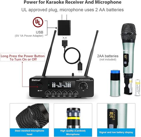 ميكروفون لاسلكي مزود بتقنية Bluetooth وEcho/Treble/Bass، نطاق 165 قدمًا، نظام ميكروفون ديناميكي لاسلكي مزدوج محمول باليد من Bietrun UHF لنظام PA/AMP/تلفزيون منزلي كاريوكي/مكبر صوت بلوتوث/(واجهة 1/4 بوصة و1/8 بوصة AUX) in Kuwait