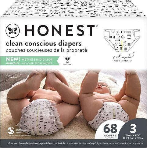 شركة صادقة حفاضات نظيفة واعية | نباتي ومستدام | اللعب بالنمط | صندوق النادي، مقاس 3 (16-28 رطلاً)، 68 قطعة in Kuwait