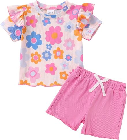 صغيرة Cutey طفل رضيع فتاة ملابس الرضع الصيف أزهار لطيفة طباعة الزي تكدرت تي شيرتات قصيرة الاكمام والسراويل 2 قطعة مجموعة in Kuwait