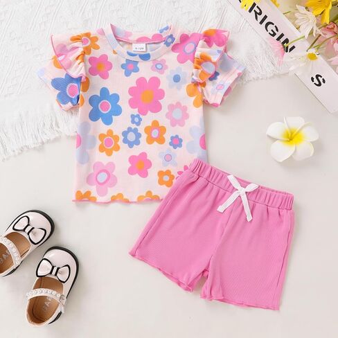 صغيرة Cutey طفل رضيع فتاة ملابس الرضع الصيف أزهار لطيفة طباعة الزي تكدرت تي شيرتات قصيرة الاكمام والسراويل 2 قطعة مجموعة in Kuwait