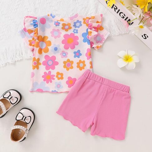 صغيرة Cutey طفل رضيع فتاة ملابس الرضع الصيف أزهار لطيفة طباعة الزي تكدرت تي شيرتات قصيرة الاكمام والسراويل 2 قطعة مجموعة in Kuwait