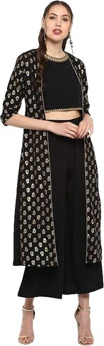 Janasya Mothers Day Gifts Black Poly Crepe Gold Print Top with Palazzo and Jacket in Kuwait