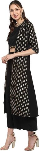 Janasya Mothers Day Gifts Black Poly Crepe Gold Print Top with Palazzo and Jacket in Kuwait