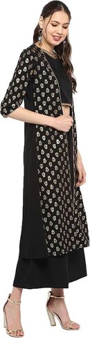 Janasya Mothers Day Gifts Black Poly Crepe Gold Print Top with Palazzo and Jacket in Kuwait