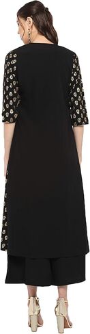 Janasya Mothers Day Gifts Black Poly Crepe Gold Print Top with Palazzo and Jacket in Kuwait