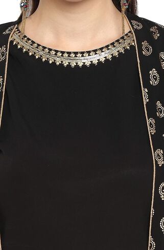 Janasya Mothers Day Gifts Black Poly Crepe Gold Print Top with Palazzo and Jacket in Kuwait