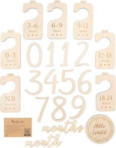 Wooden Baby Gift Bundle 7 Baby Closet Size Dividers for 0 to 24 Months 11 Baby Monthly Milestone Numbers & Birth Announcement Card Boxed for Elegant Gifting in Saudi Arabia