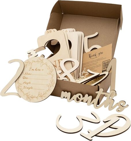 Wooden Baby Gift Bundle 7 Baby Closet Size Dividers for 0 to 24 Months 11 Baby Monthly Milestone Numbers & Birth Announcement Card Boxed for Elegant Gifting in Saudi Arabia
