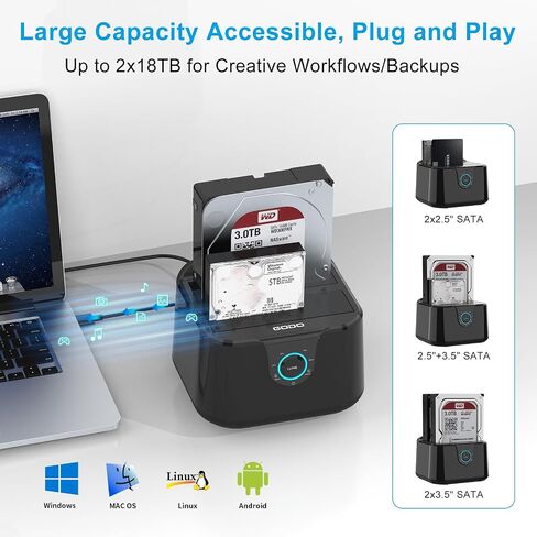 محطة إرساء محرك الأقراص الصلبة GODO M.2 NVMe & SATA، USB-C 10 جيجابت في الثانية USB 3.2 Gen 2 لمحرك الأقراص الصلبة M.2 NVMe SSD، 2.5 بوصة/3.5 بوصة SATA HDD/SSD، قاعدة استنساخ مزدوجة غير متصلة بالإنترنت in Kuwait