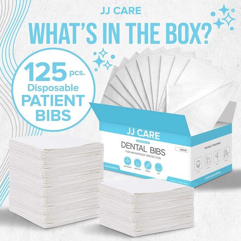 JJ CARE Dental Bibs [Pack of 125] - 13" x 18" White Dental Bibs, 3 Ply Waterproof Dentist Bibs, Dental Bibs Disposable for Eyelash Extension, Patient Bibs for Nail Art, Dental Napkins for Piercing in Saudi Arabia