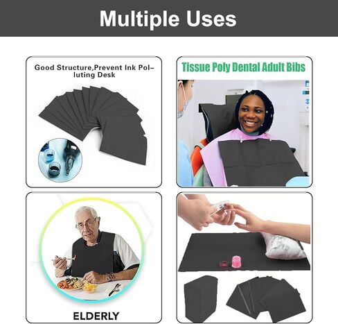 مريلة أسنان سوداء 125 من TourKing للاستعمال مرة واحدة مقاس 45.72 سم × 33.02 سم، 3 طبقات من ورق الوشم الثاقب المقاوم للماء لأغطية الطاولة، وسادة نظيفة لصالون الأظافر/عيادة الأسنان/التغذية/متجر الوشم in Kuwait