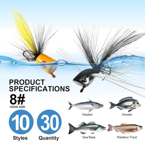 Sumind 30 Pcs Bass Poppers for Fly Fishing, Size 8 and 10 in Kuwait